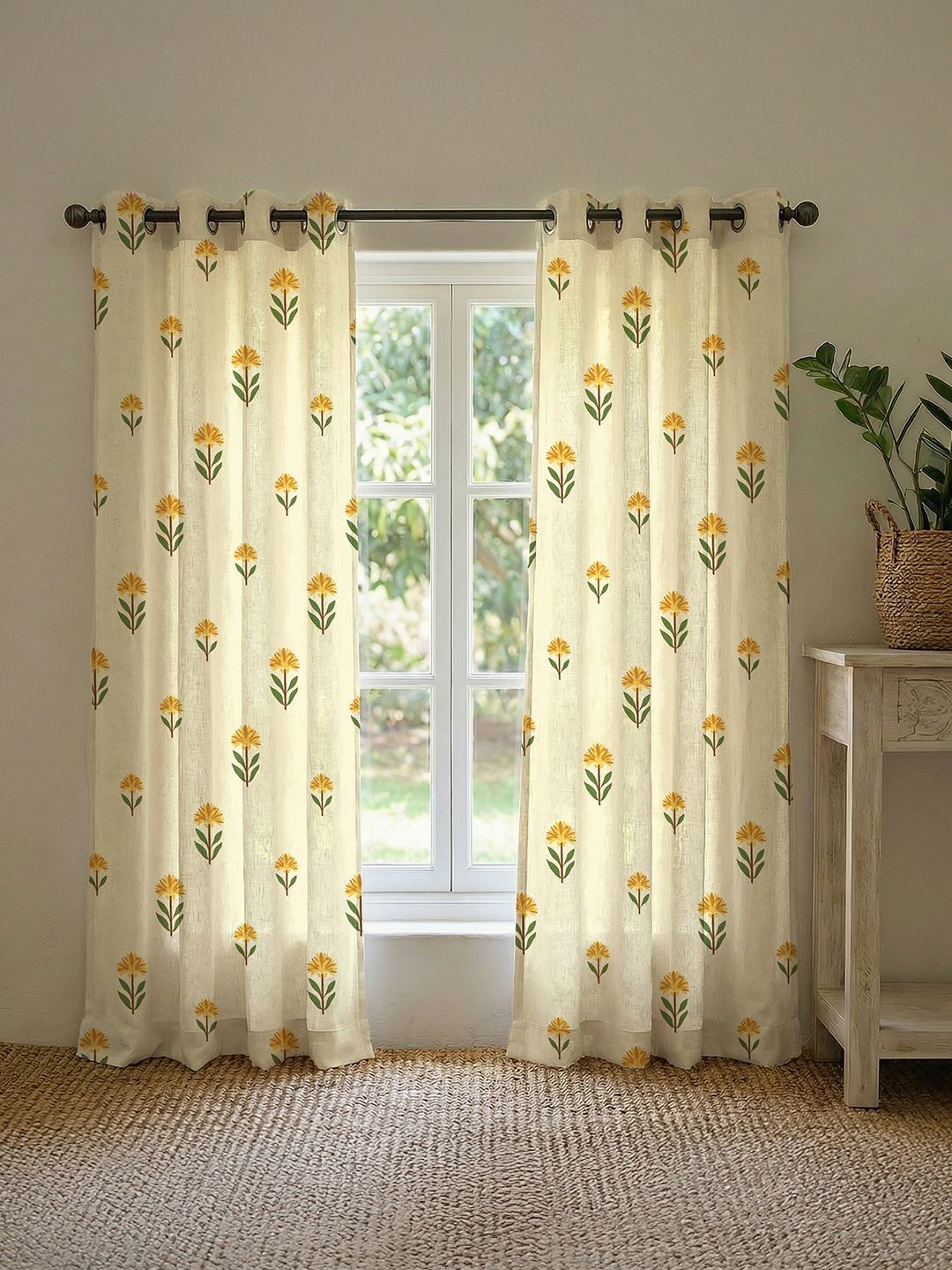 URBAN SPACE Yellow & White Set of 2 Floral Door Curtain-picture-42