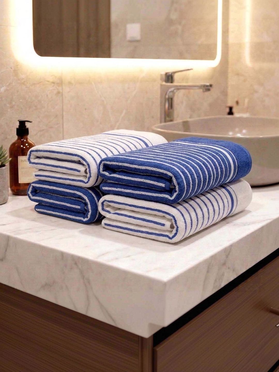 Athom Living 4 Pieces Blue Striped Cotton Hand Towels-image-47