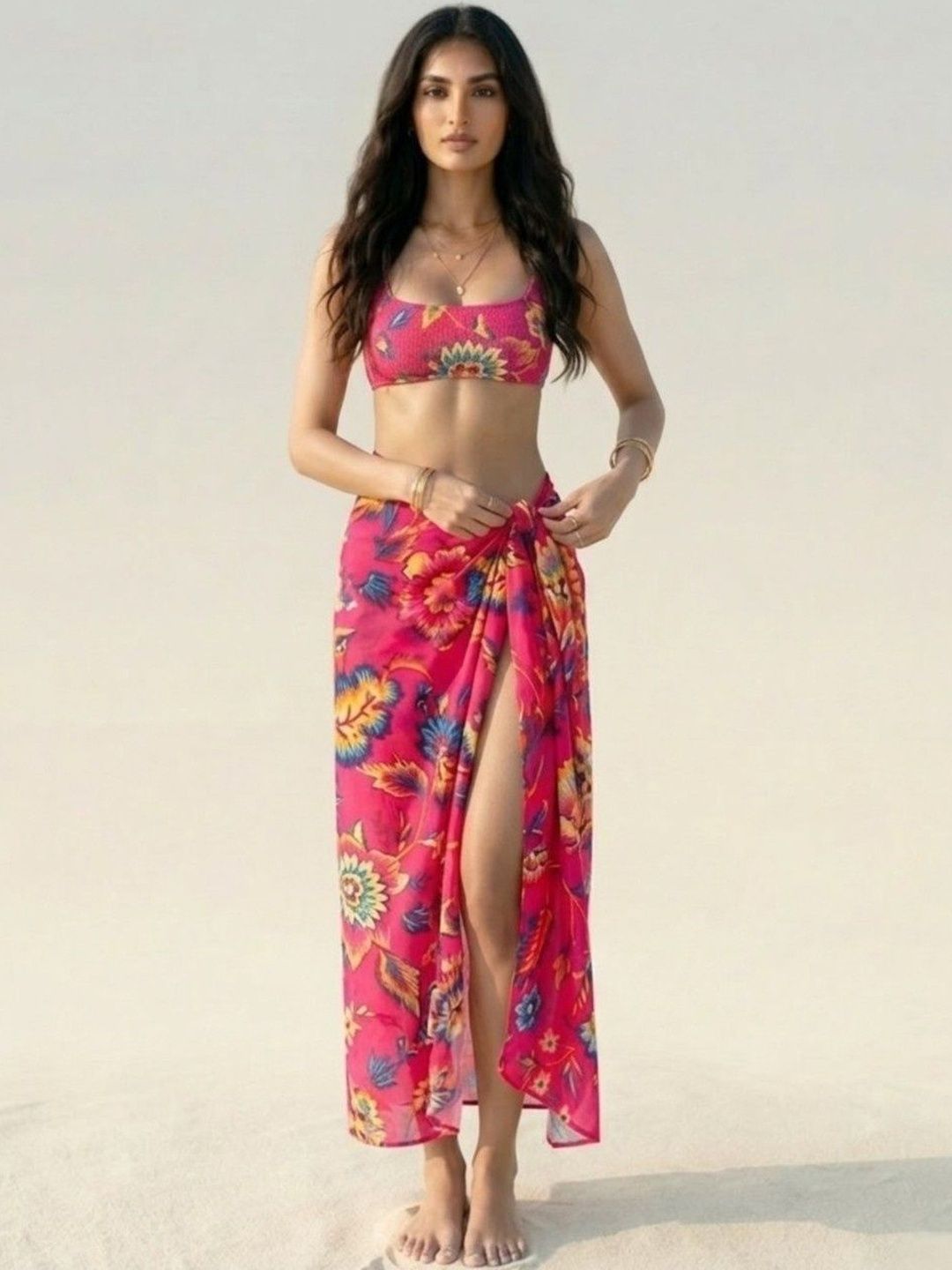 WomanLikeU Pink Floral Print Beach Sarong-picture-26