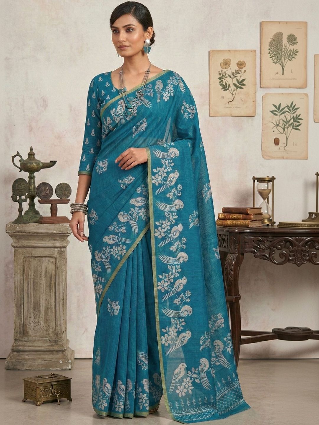 STITCH N SOULS Floral Linen Blend Designer Chanderi Saree-picture-50