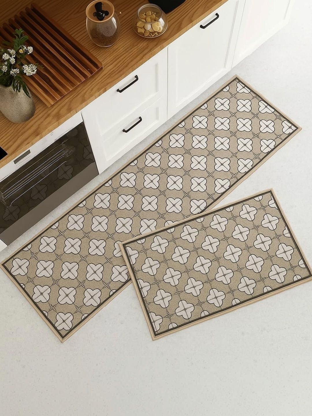 HomeCloud 2-Pcs Beige & White Printed Anti-Skid Kitchen Mats-picture-46