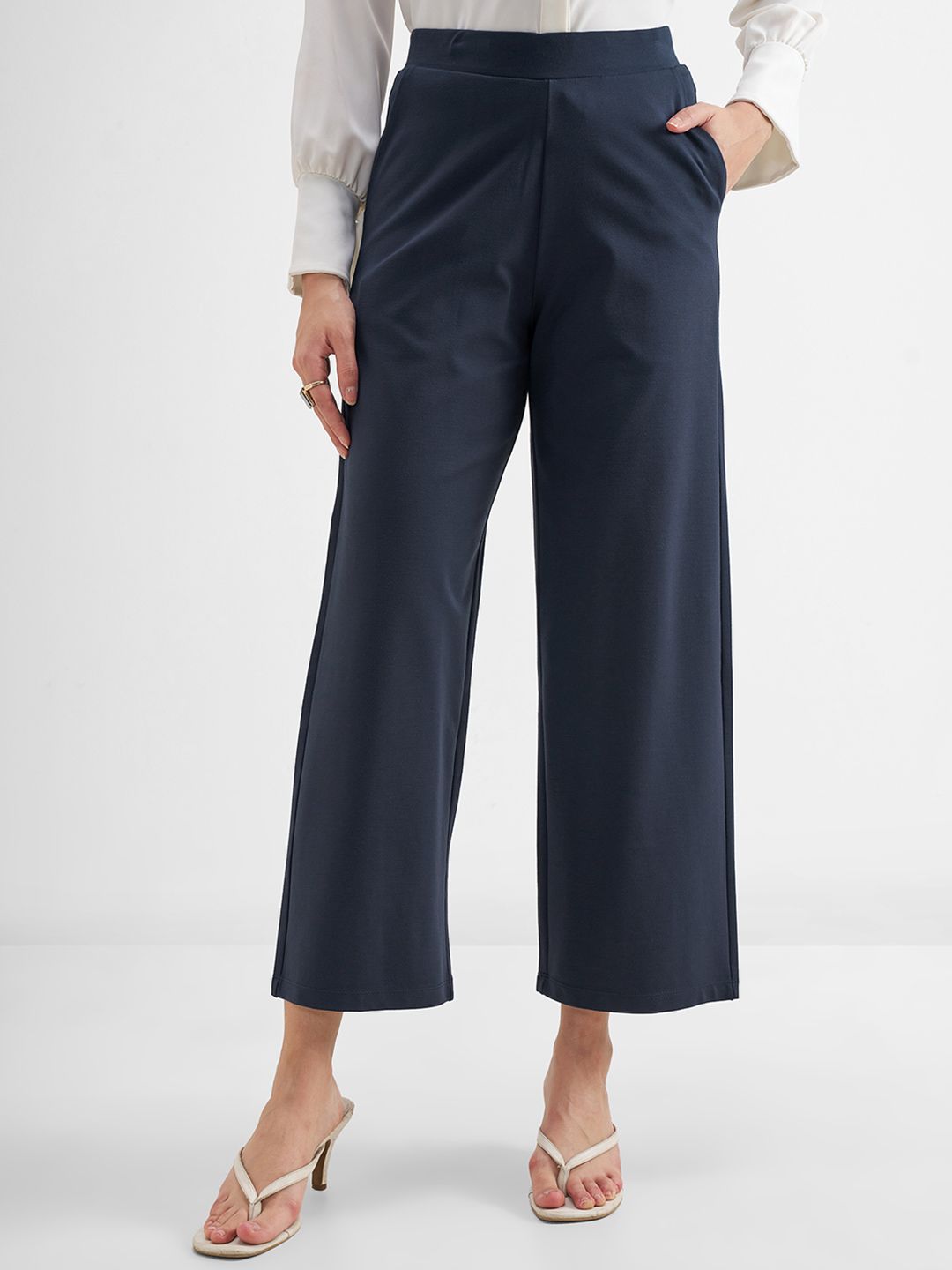 CHIC BY TOKYO TALKIES Women Navy Blue Wide Leg Straight Trousers With Slant Pockets-picture-14