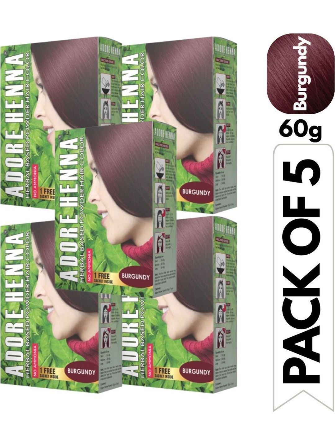 ADORE HENNA Set Of 5 No Ammonia Long Lasting Hair Color - 60 g Each - Burgundy-picture-2