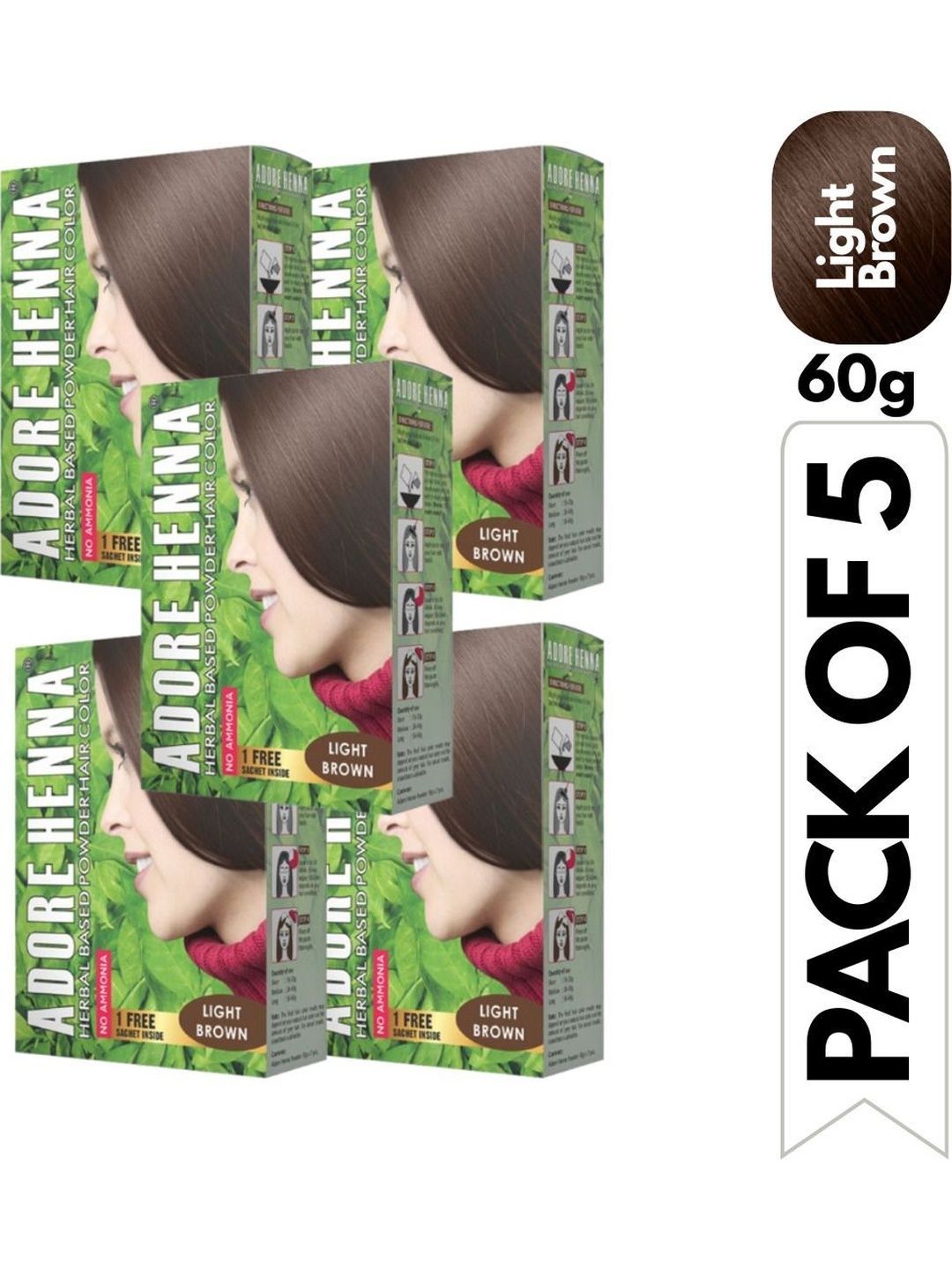 ADORE HENNA Set Of 5 No Ammonia Long Lasting Hair Color - 60 g Each -Light Brown-picture-5