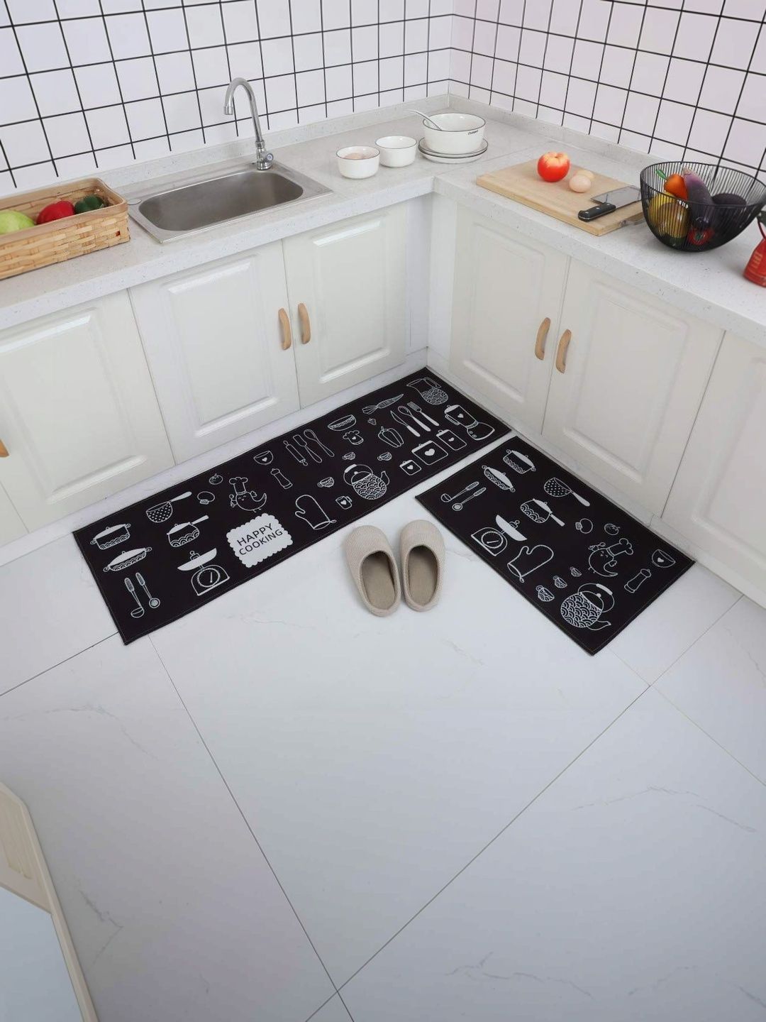 HomeCloud 2-Pcs Black & White Printed Anti-Skid Kitchen Mats-picture-43