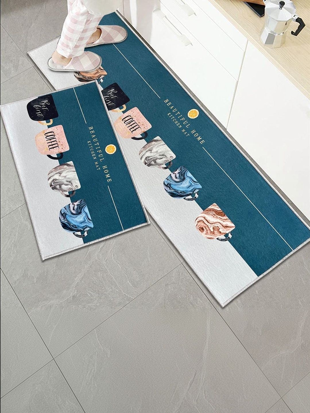 HomeCloud 2-Pcs White & Teal Printed Anti-Skid Kitchen Mats-image-24