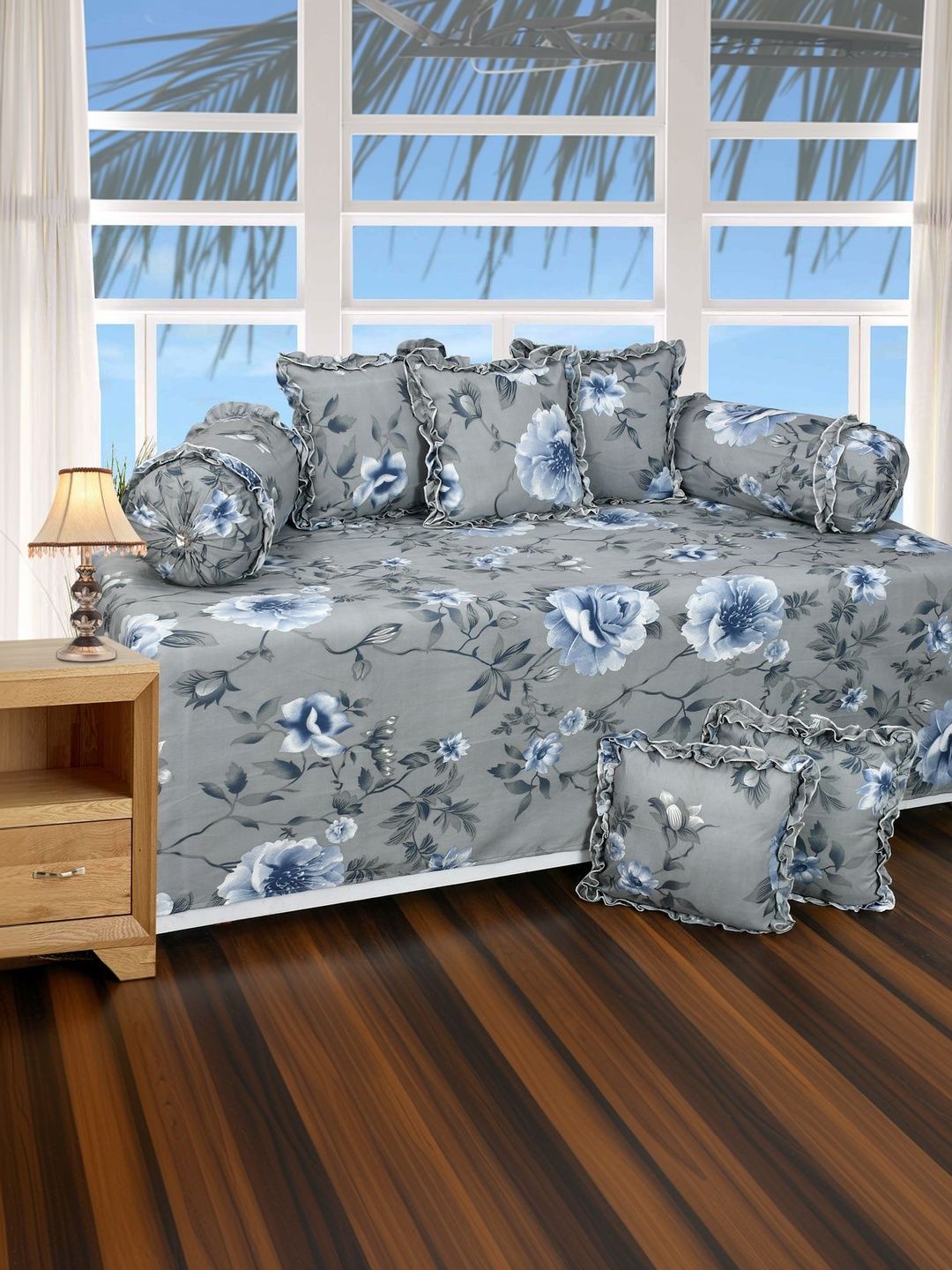 Luxmi Cotton Fabrics Set Of 8 Grey & Blue Floral-Printed Diwan Set-picture-15