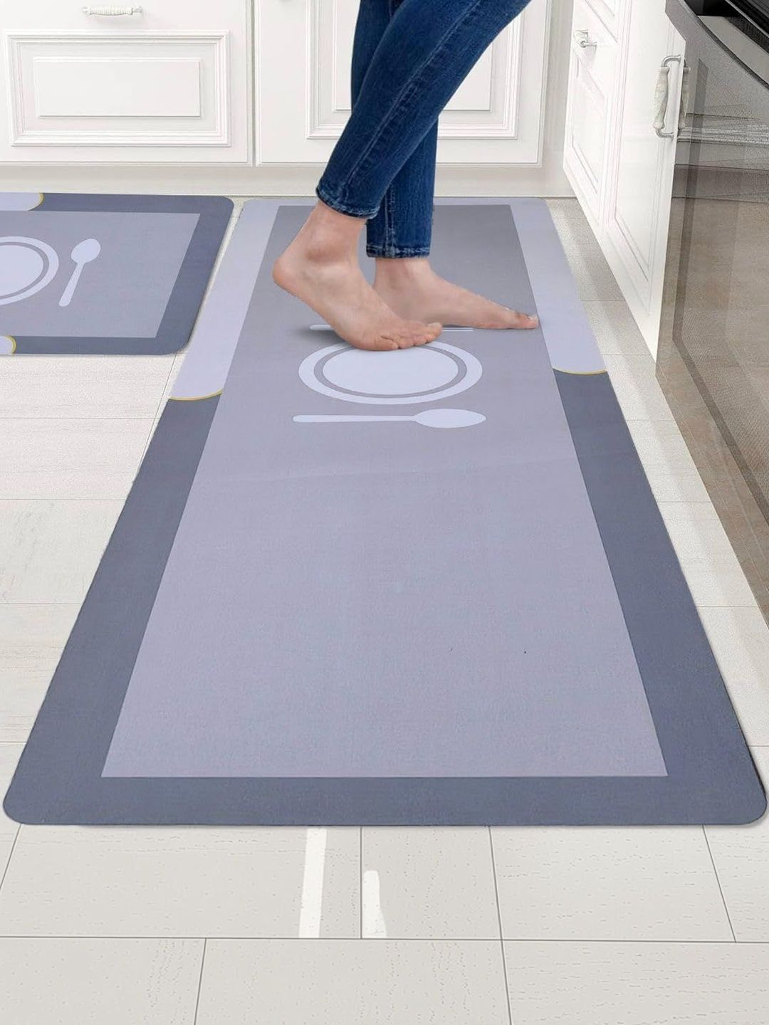 HomeCloud 2-Pcs Grey & White Printed Anti-Skid Kitchen Mats-picture-20