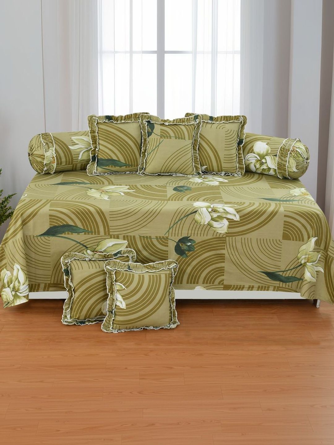 Luxmi Cotton Fabrics Set Of 8 Green & White Floral-Printed Diwan Set-picture-13