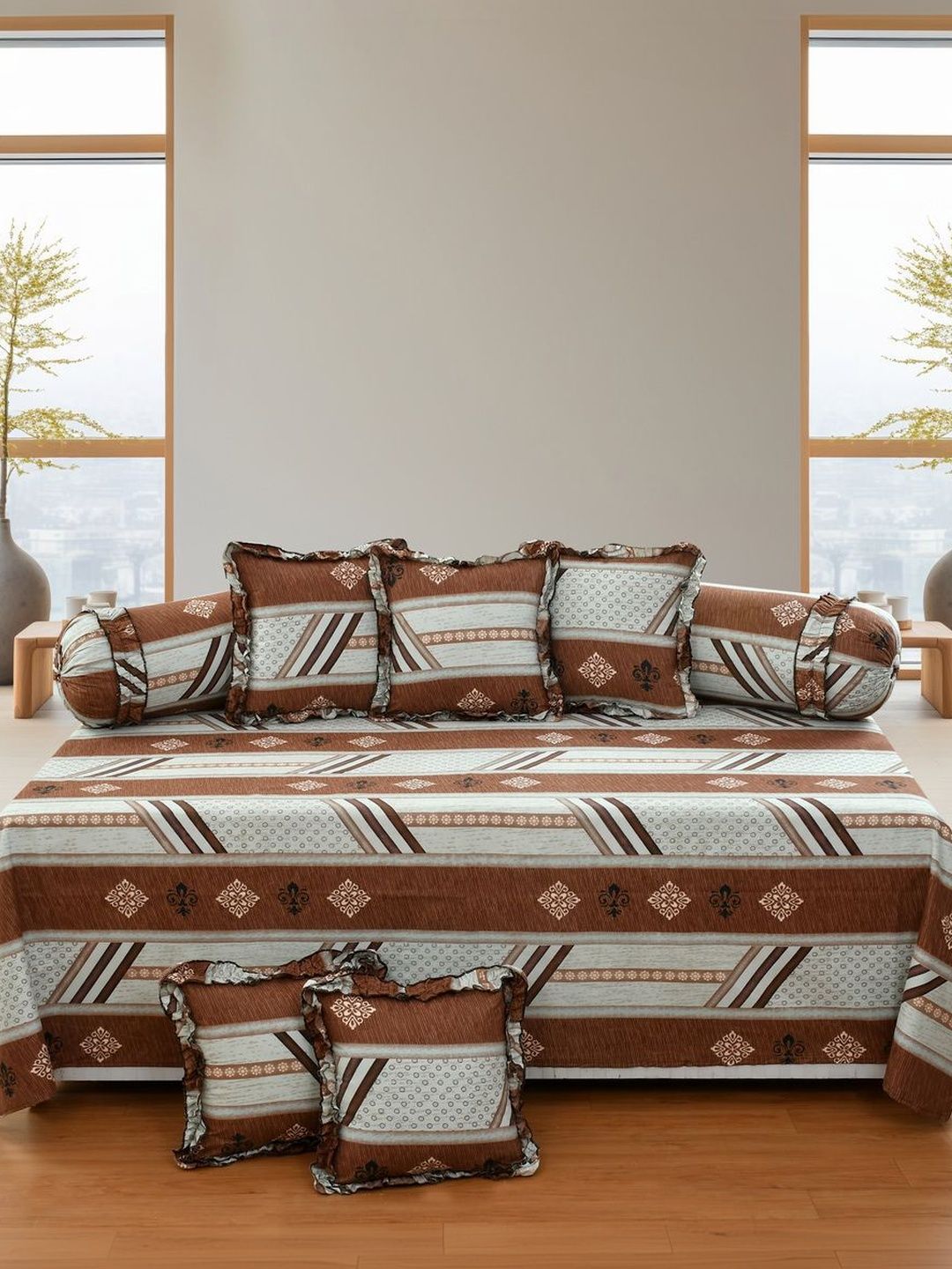 Luxmi Cotton Fabrics Set Of 8 Brown & White Floral-Printed Diwan Set-picture-16