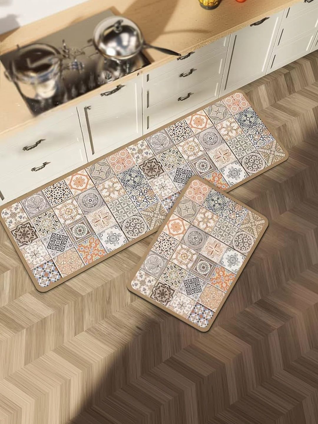 HomeCloud 2-Pcs Beige & Grey Printed Anti-Skid Kitchen Mats-picture-22