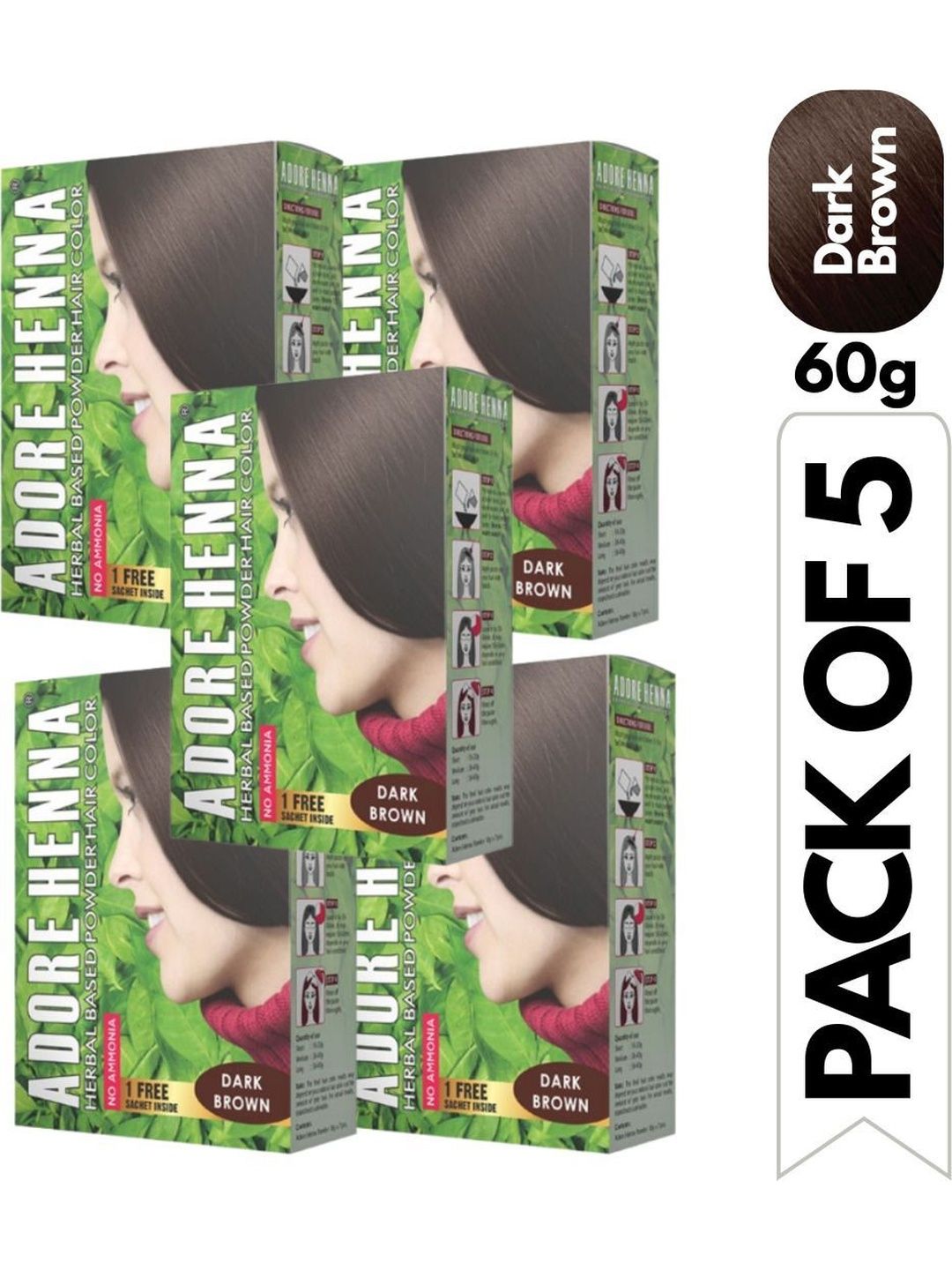 ADORE HENNA Set Of 5 No Ammonia Long Lasting Hair Color - 60 g Each - Dark Brown-picture-1