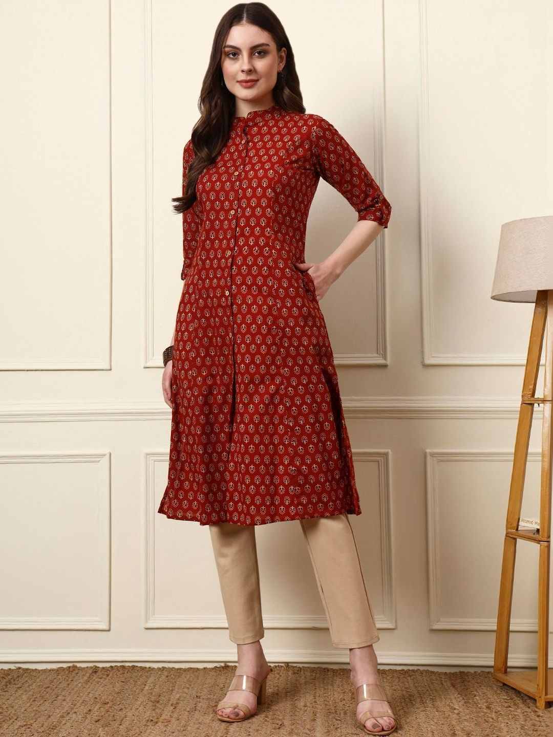 Divena Floral Printed Mandarin Collar Pure Cotton Straight Kurta-picture-17