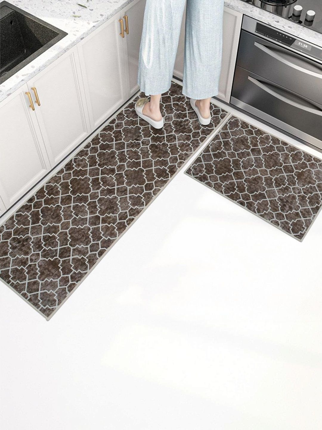 HomeCloud 2-Pcs Brown & White Printed Anti-Skid Kitchen Mats-picture-30