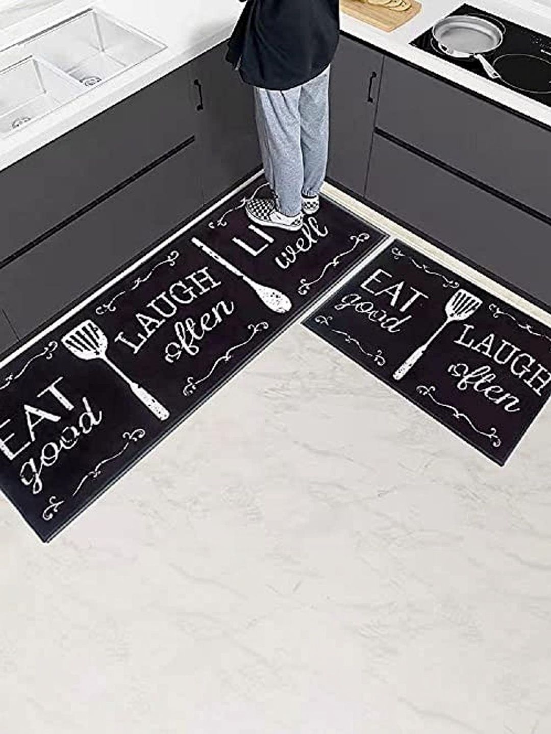 HomeCloud 2-Pcs Black & White Printed Anti-Skid Kitchen Mats-picture-24