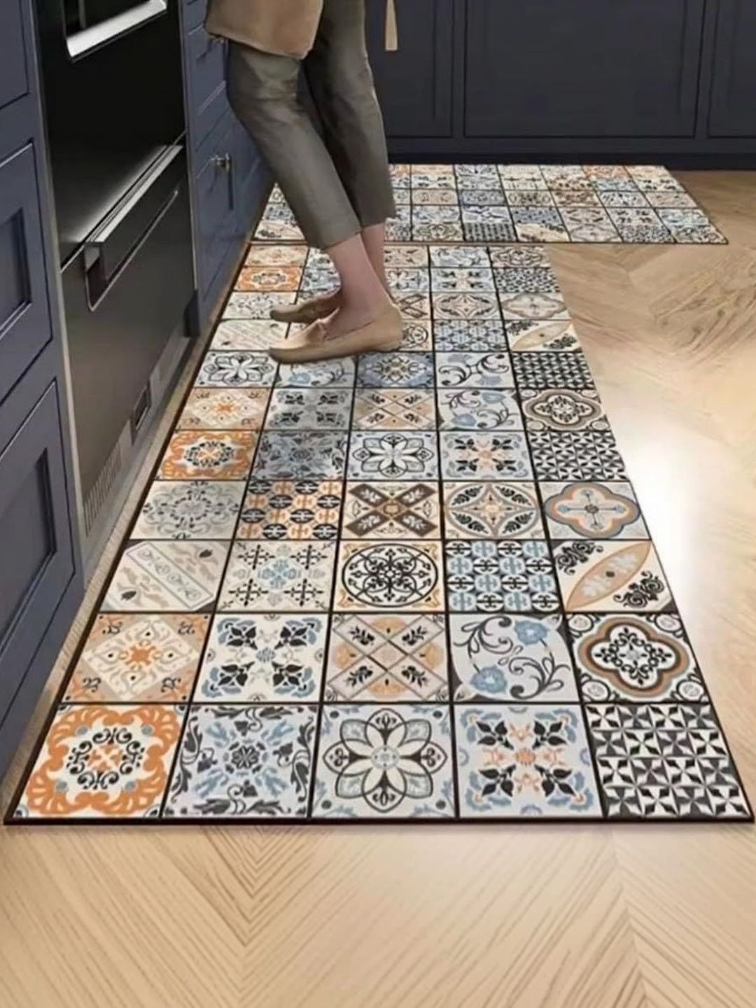 HomeCloud 2-Pcs Orange & Blue Printed Anti-Skid Kitchen Mats-picture-38