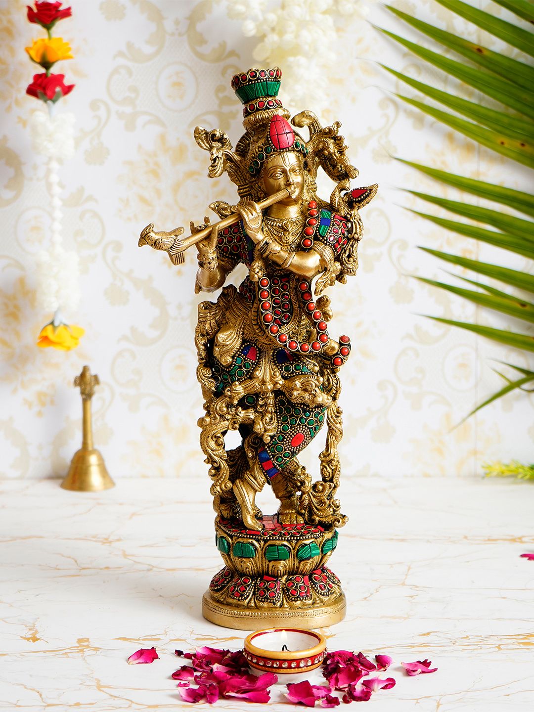 Artisyn Gold-Toned & Red Lord Krishna Playing Flute Handcrafted Brass Idol Showpiece-image-10