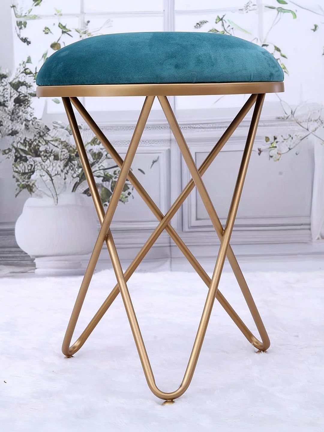 Greetwood Teal blue Metal Ottoman With Cross Leg Design-picture-15