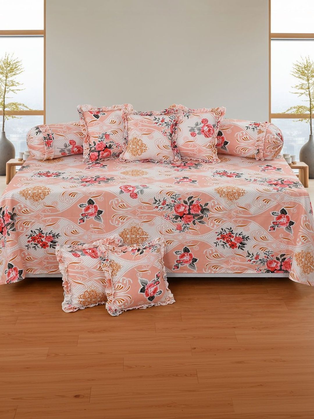 Luxmi Cotton Fabrics Set Of 8 Peach & White Floral-Printed Diwan Set-image-2