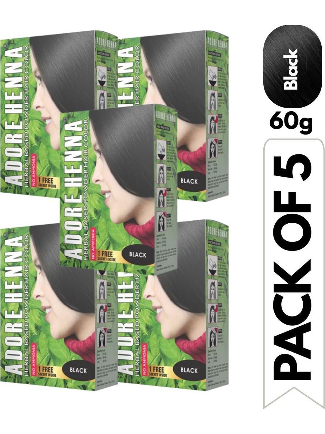 ADORE HENNA Set Of 5 No Ammonia Long Lasting Hair Color - 60 g Each - Black-image-33