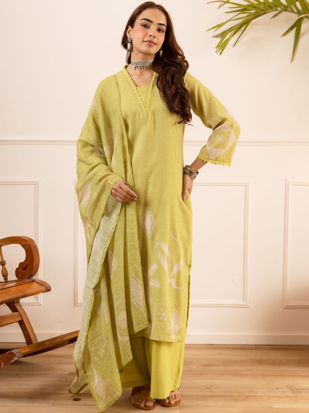 HERE&NOW Women Ethnic Motifs Printed Regular Linen Kurta with Palazzos & With Dupatta-picture-23
