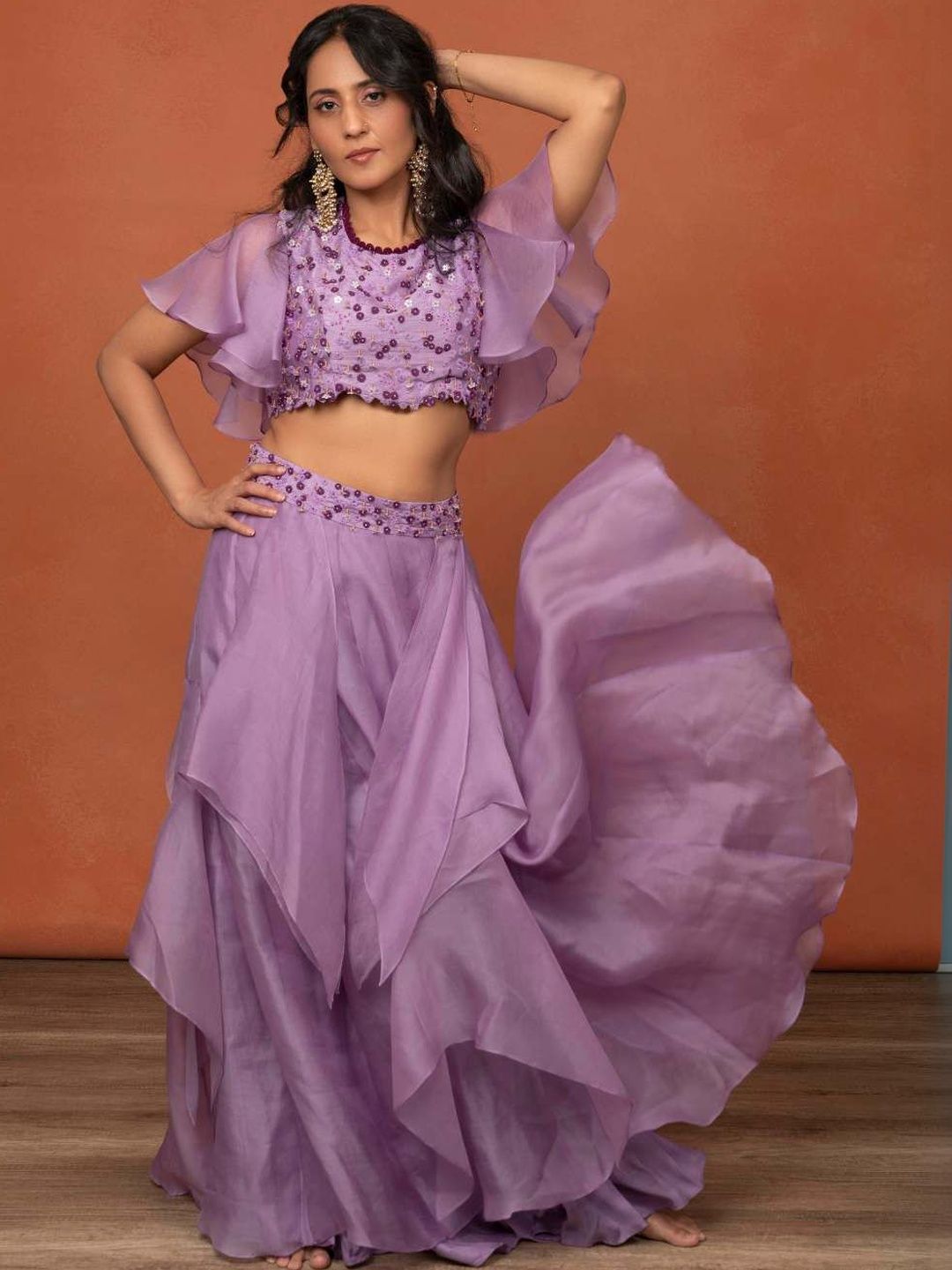SHALINI DOKANIA Lavender Organza Skirt 3d Flowers Blouse Back Strap Tops-picture-17