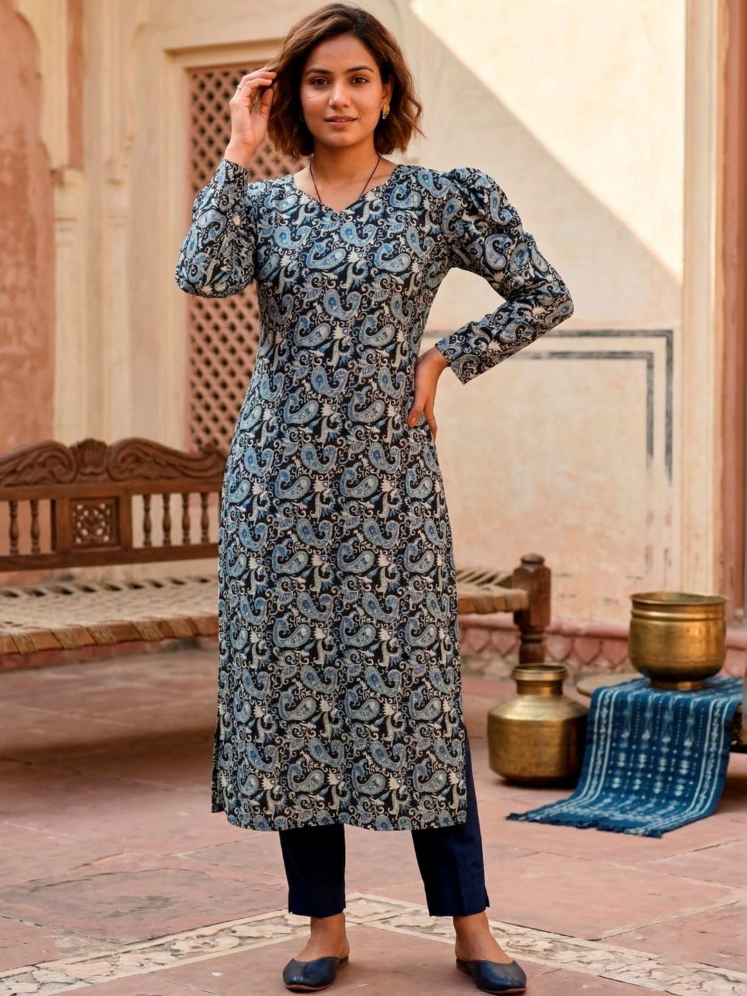 KALINI Ethnic Motifs Printed V-Neck Kurti-picture-20
