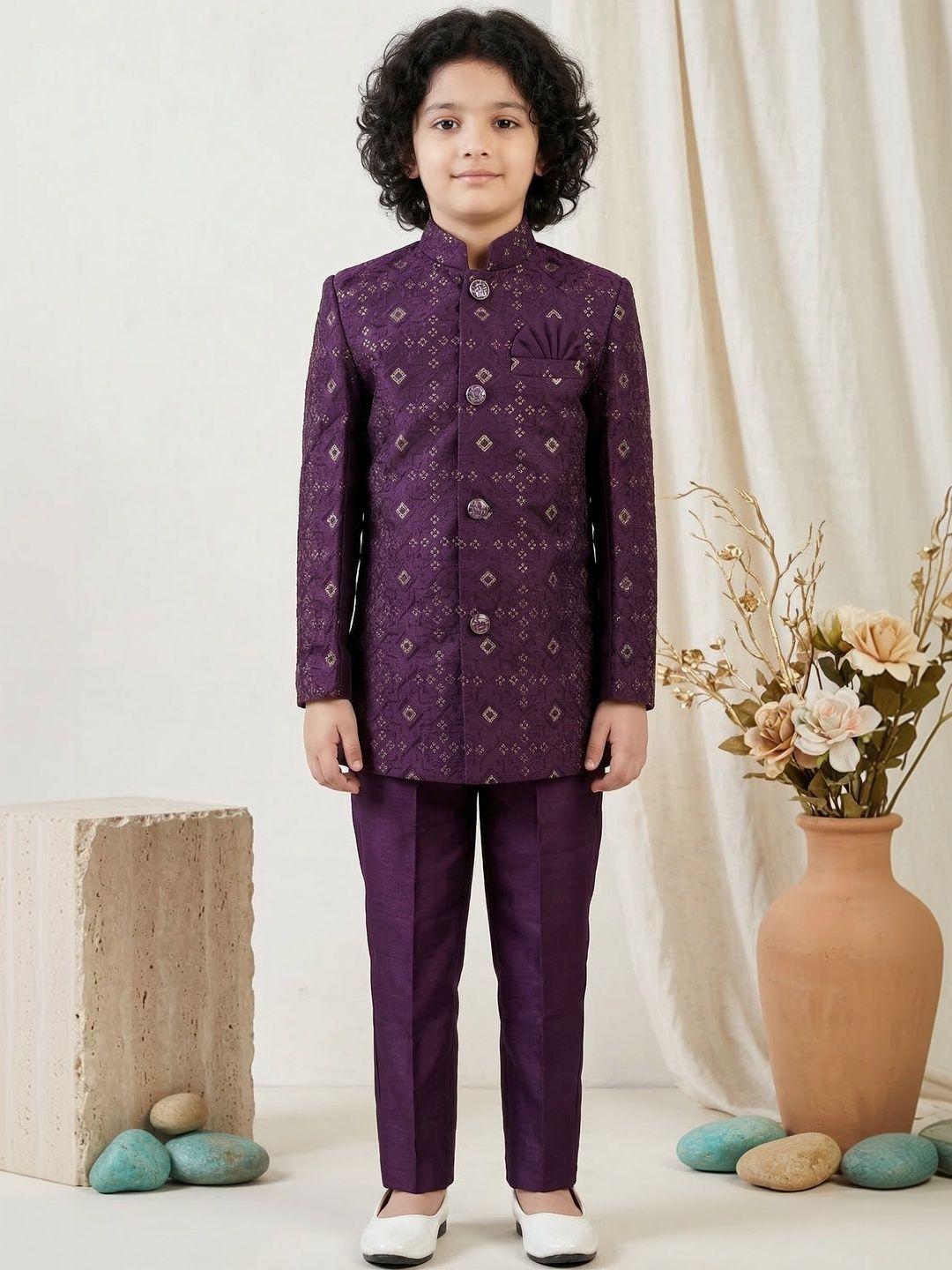 ahhaaaa Boys Embroidered Mandarin Collar Sherwani-picture-23