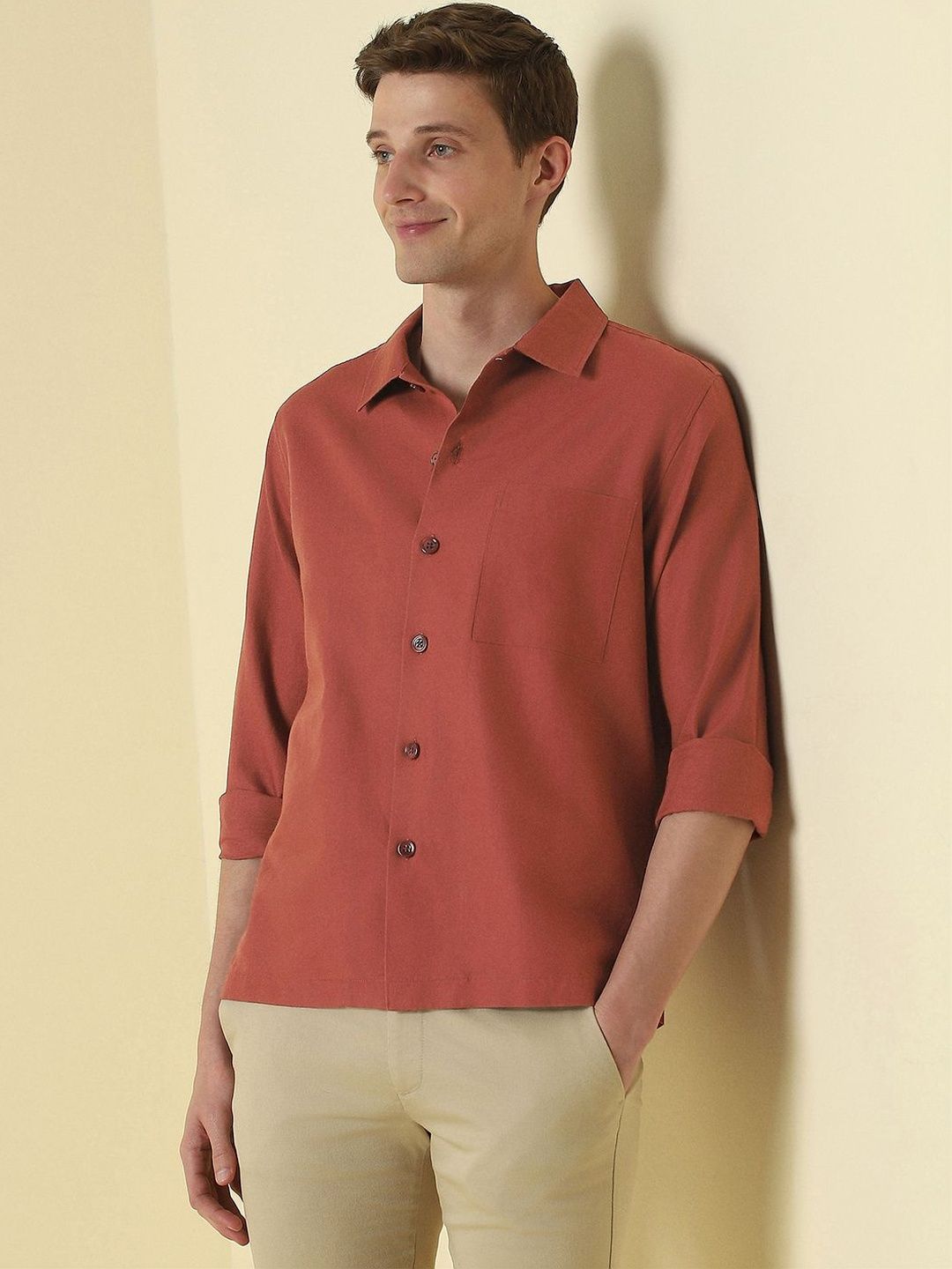 Allen Solly Men Rust Relaxed Fit Solid Full Sleeves Casual Shirts-picture-13