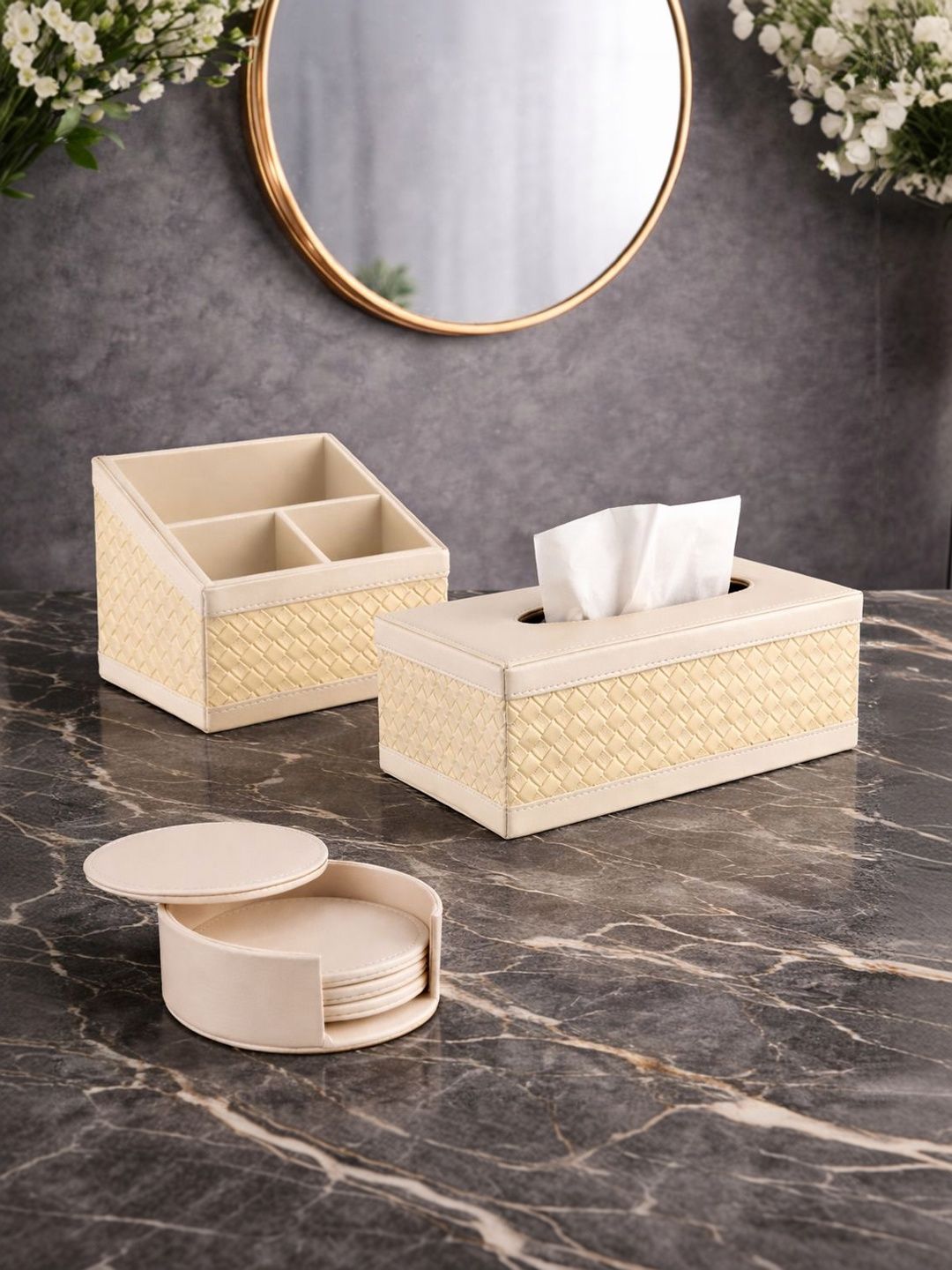 AARVI DECOR STUDIO Cream-Coloured Set of 3 Super Strong Desk Organiser Organisers-picture-10