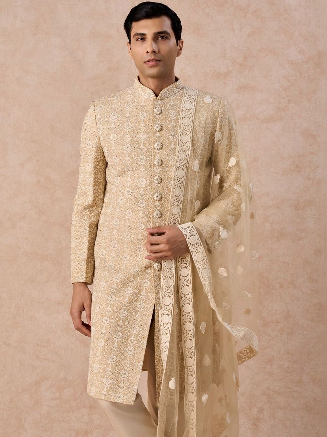 Manyavar Embroidered Mandarin Collar Sherwani with Duppatta-image-30