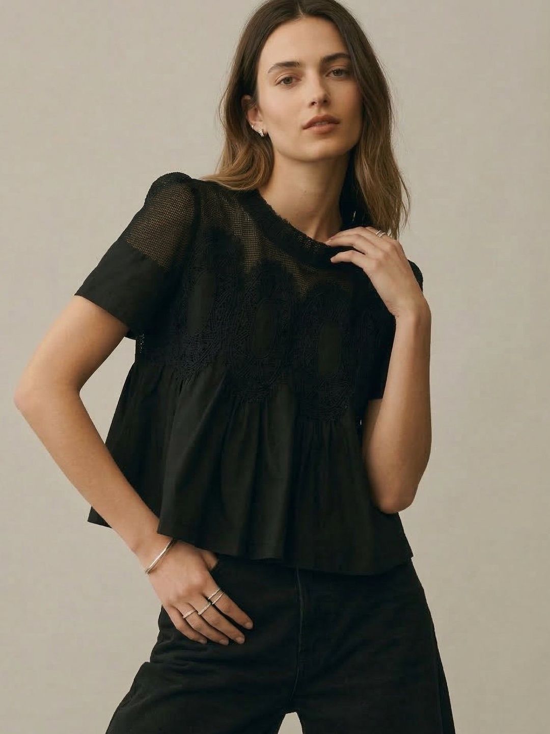 Outzidr Black Crew Neck Textured Top-picture-19