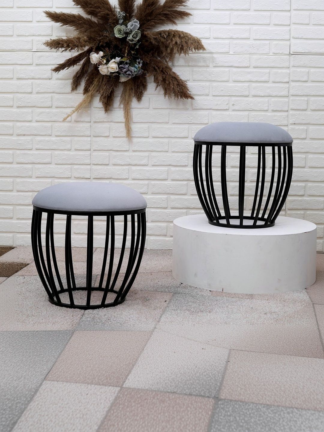 Greetwood Black Solid Metal Ottoman Stool for Living Room-picture-10