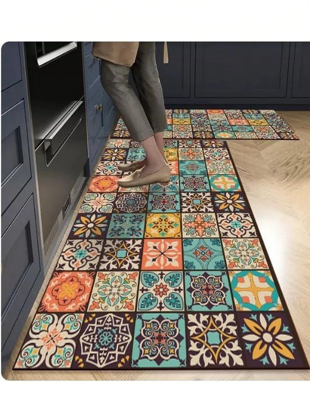 HomeCloud Brown & Blue Printed Anti-Skid 2-Pcs Kitchen Mats-picture-14