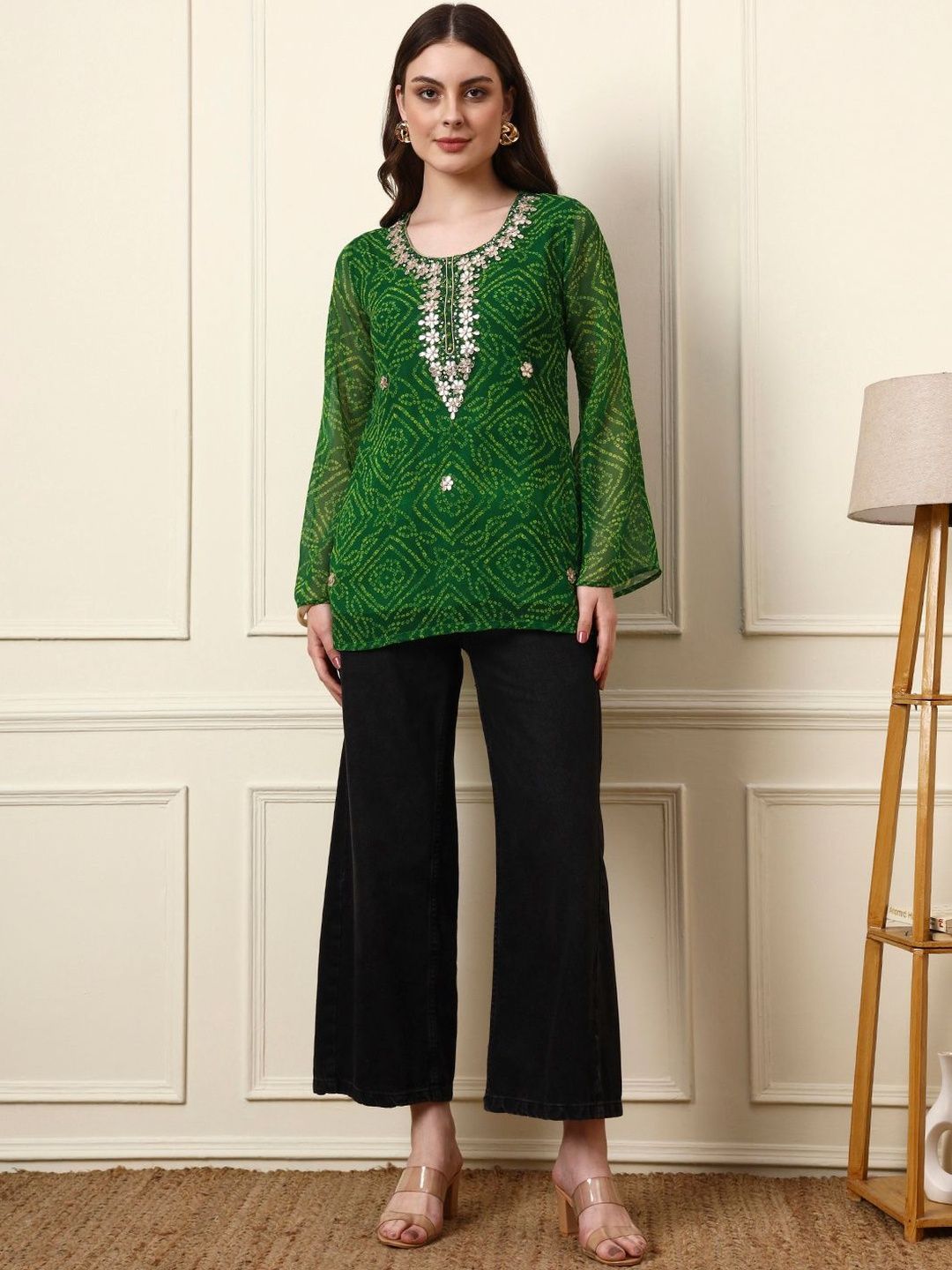 Anouk Rustic Floral Embellished Flared Sleeves Beads And Stones A-Line Kurti-picture-20