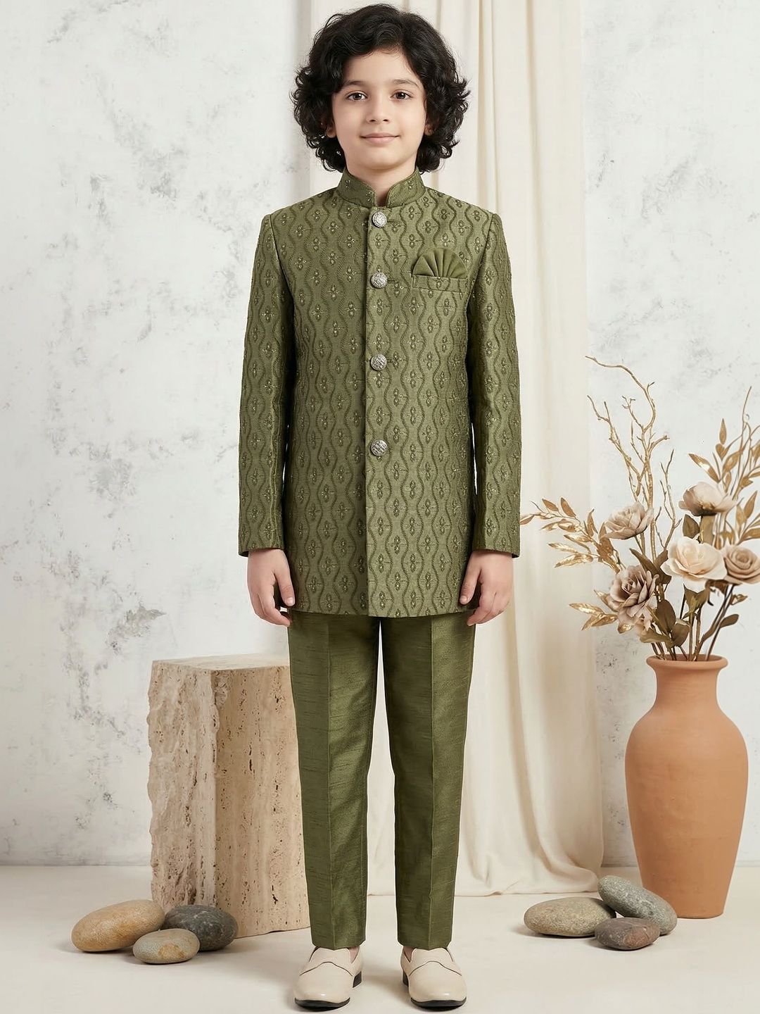 ahhaaaa Boys Embroidered Mandarin Collar Sherwani-picture-18