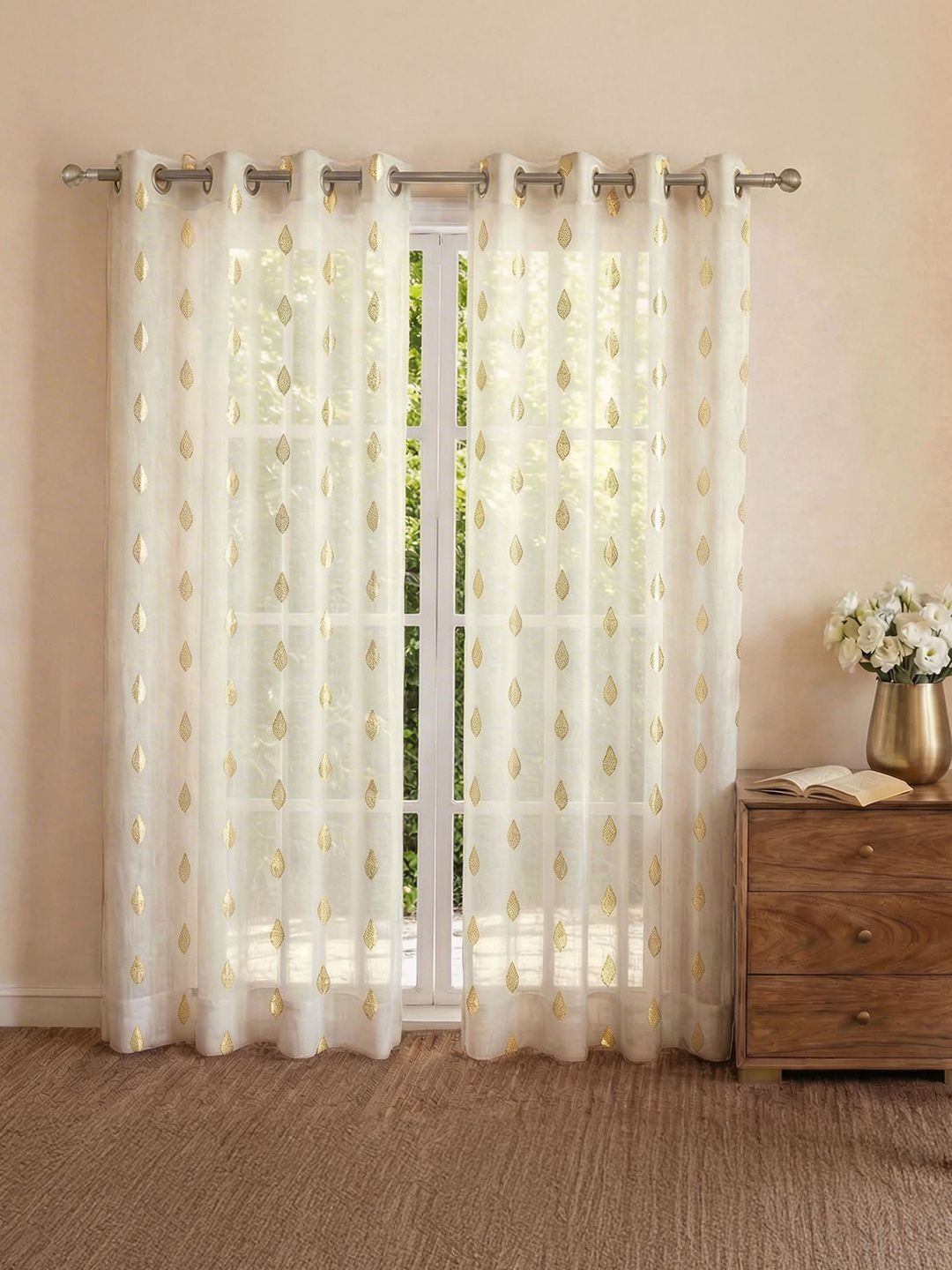 URBAN SPACE Set of 2 Cream-Coloured Floral Sheer Door Curtain-image-24