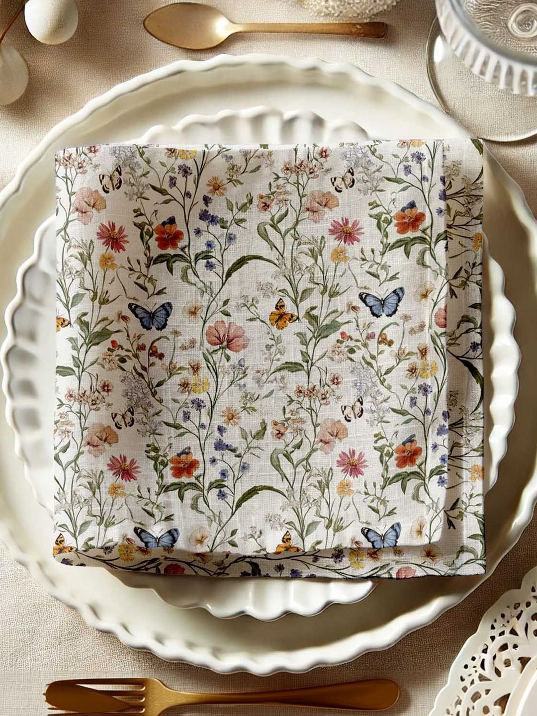 Vargottam Off-White & Green Printed Cotton 12-Pcs Table Napkins-image-1
