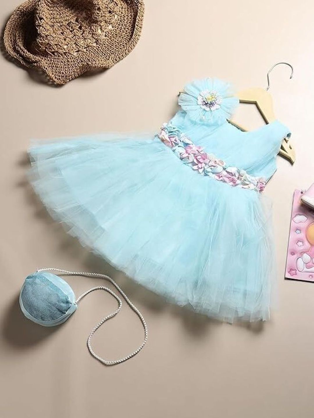 CHICLIFT Girls Infant Self Design Round Neck Fit and Flare Net Dress-image-43