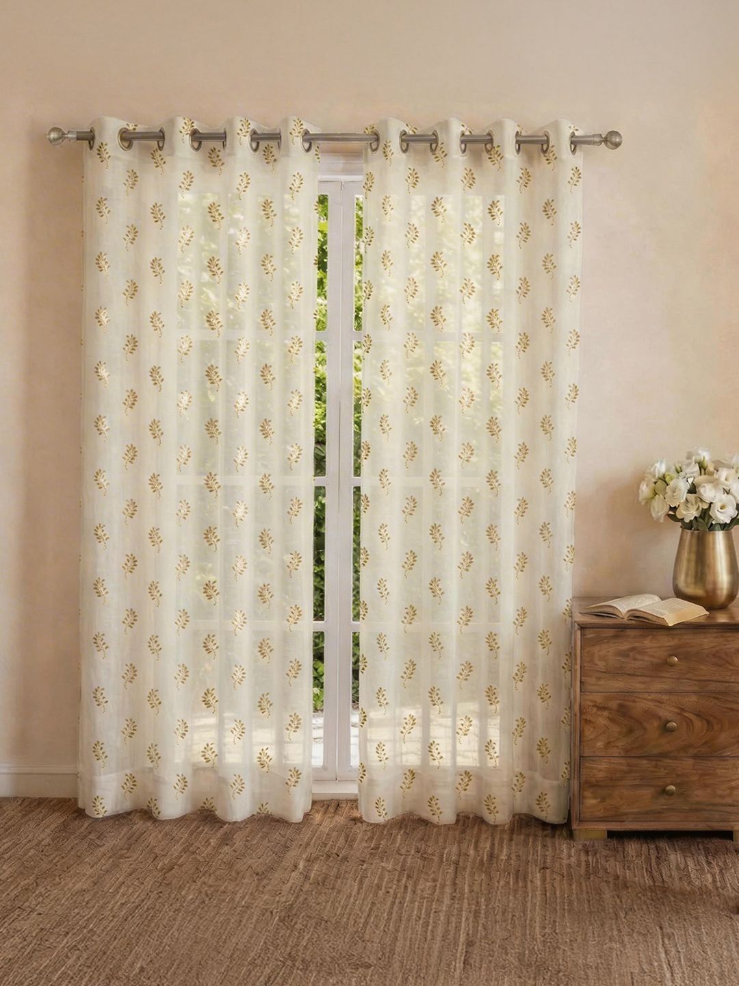 URBAN SPACE Cream-Coloured & Gold-Toned Set of 2 Floral Sheer Long Door Curtain-picture-39