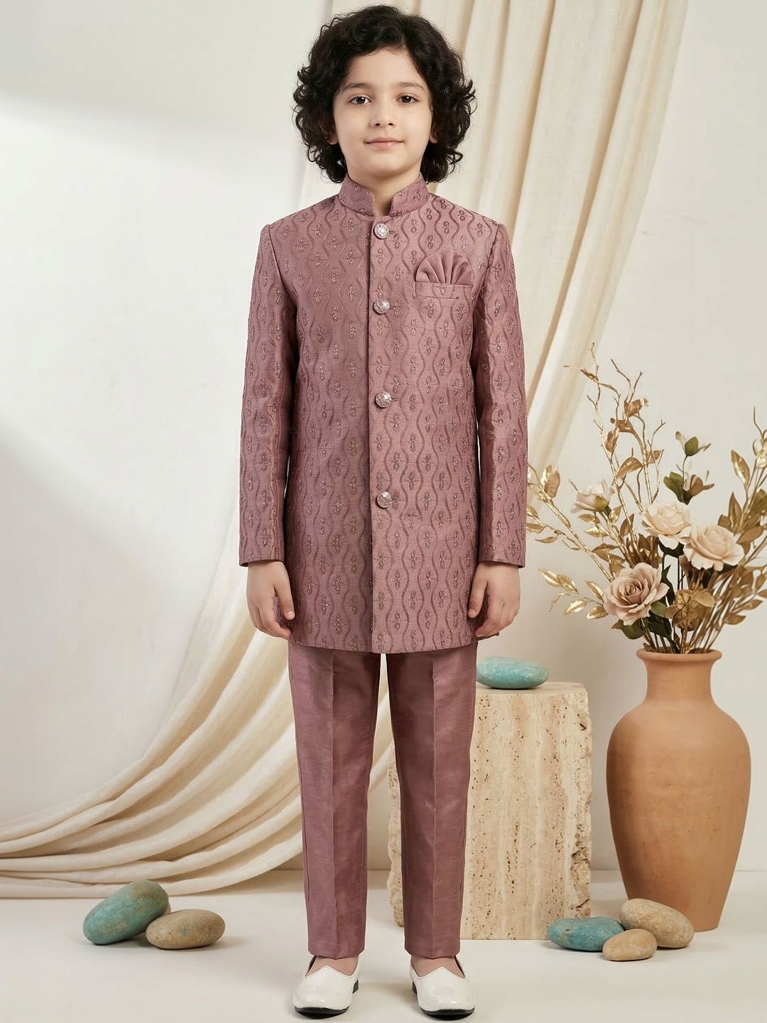 ahhaaaa Boys Embroidered Mandarin Collar Sherwani-picture-19