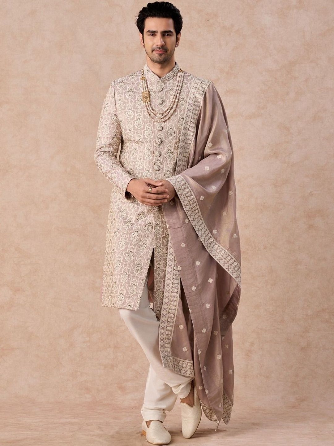Manyavar Embroidered Mandarin Collar Sherwani Set With Dupatta-picture-39