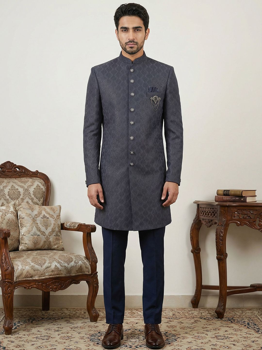Jompers Self Design Mandarin Collar Sherwani-picture-33