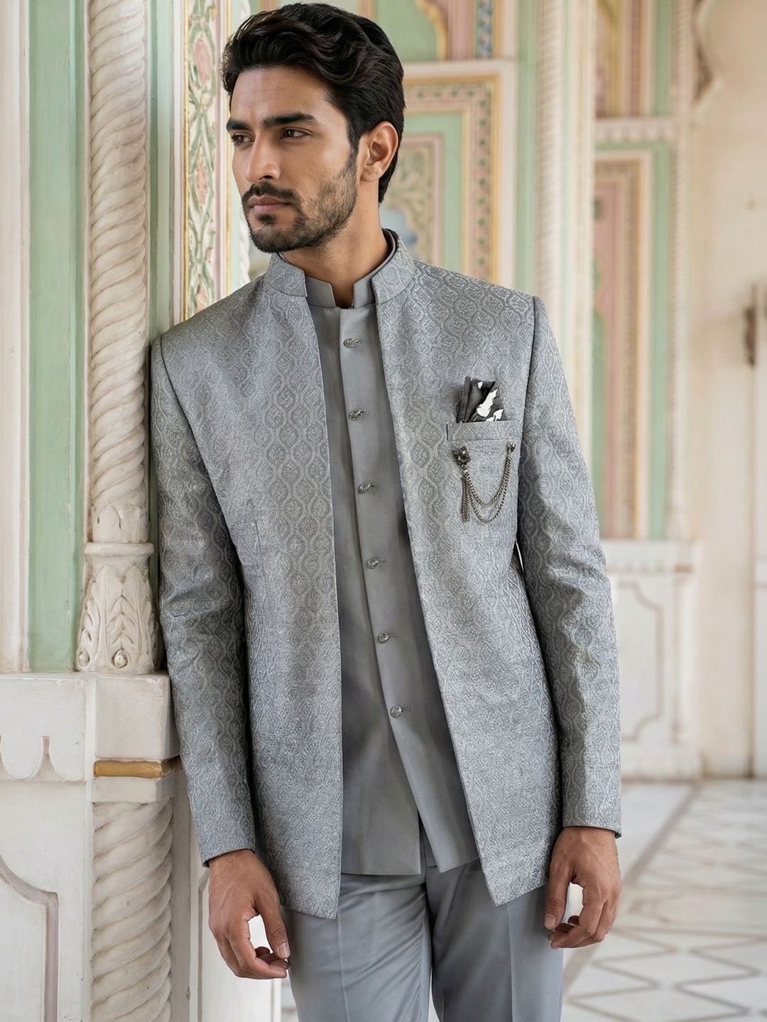 Jompers Self Design Mandarin Collar Sherwani-picture-19