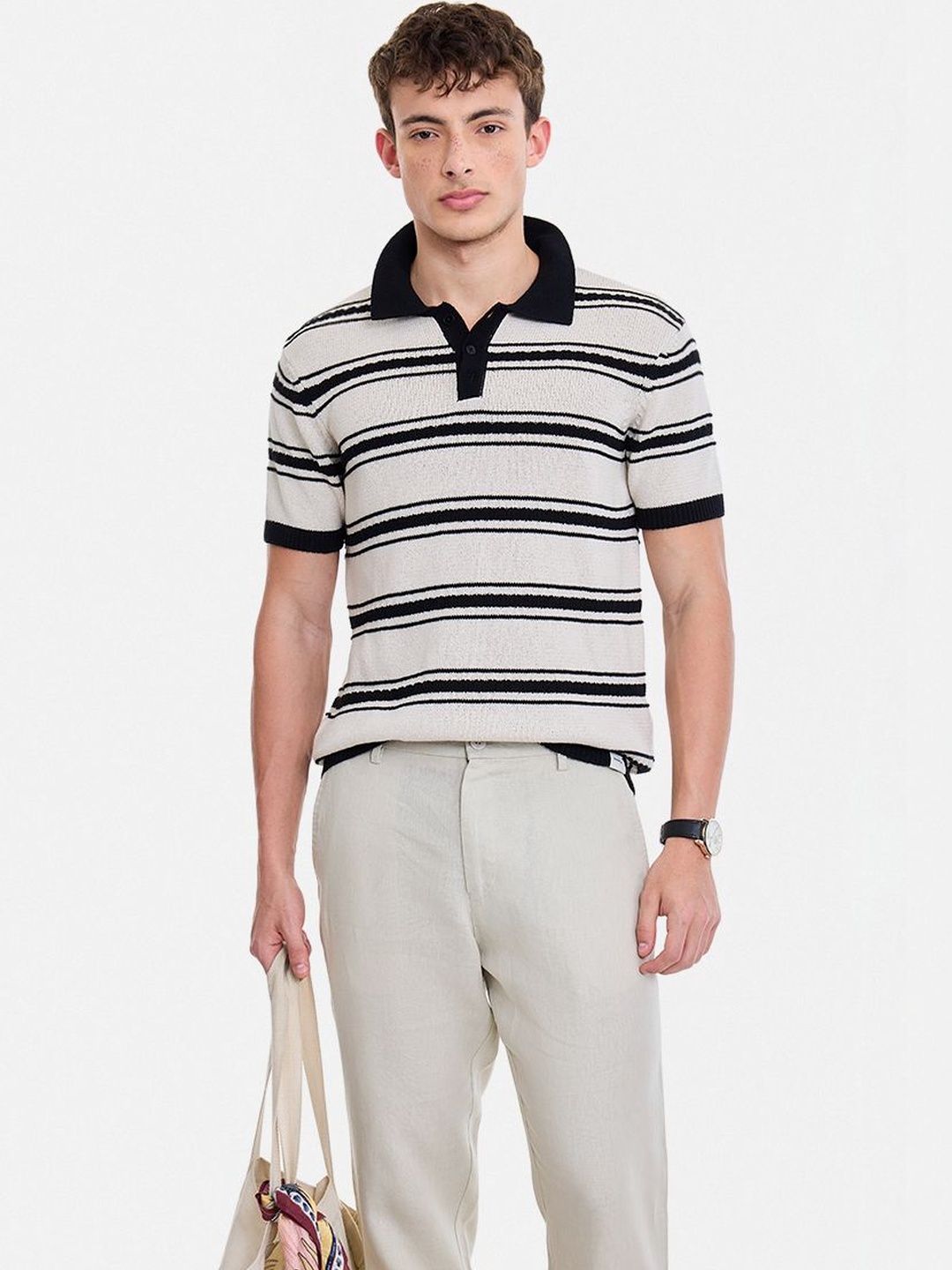 Snitch Striped Polo Collar Pure Cotton T-Shirt-picture-16