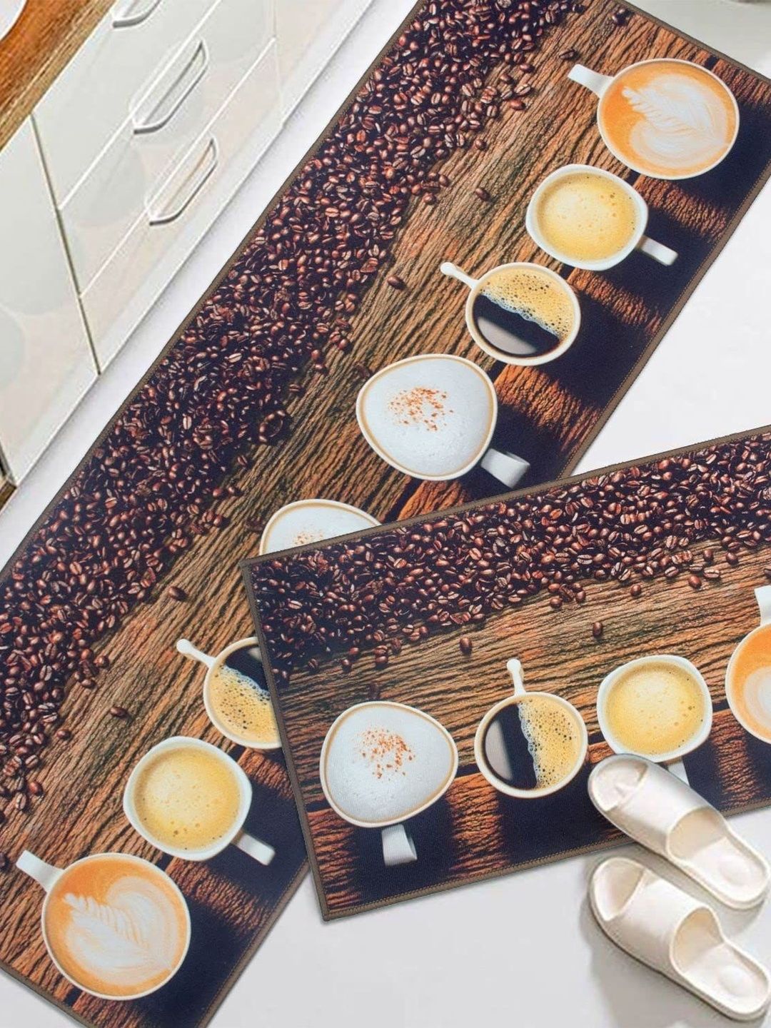 HomeCloud Coffee Brown & Beige Velvet Printed Anti-Skid 2-Pcs Kitchen Mats-image-43
