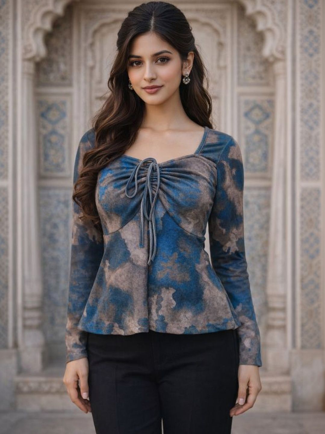 sakshi trader Blue Tie And Dye Sweetheart Neck Peplum Top-picture-41