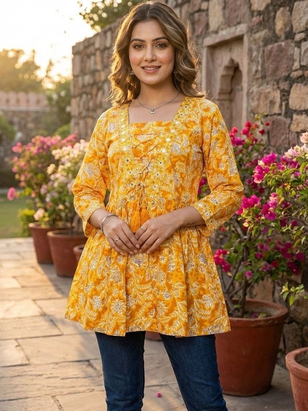 Colorvibes Ethnic Motifs Printed Square Neck Thread Work Thread Work Pleated Anarkali Kurti-picture-12
