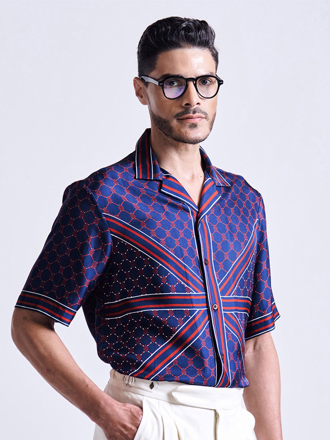 S&N by Shantnu Nikhil Navy Printed Silk Twill Shirts-image-5
