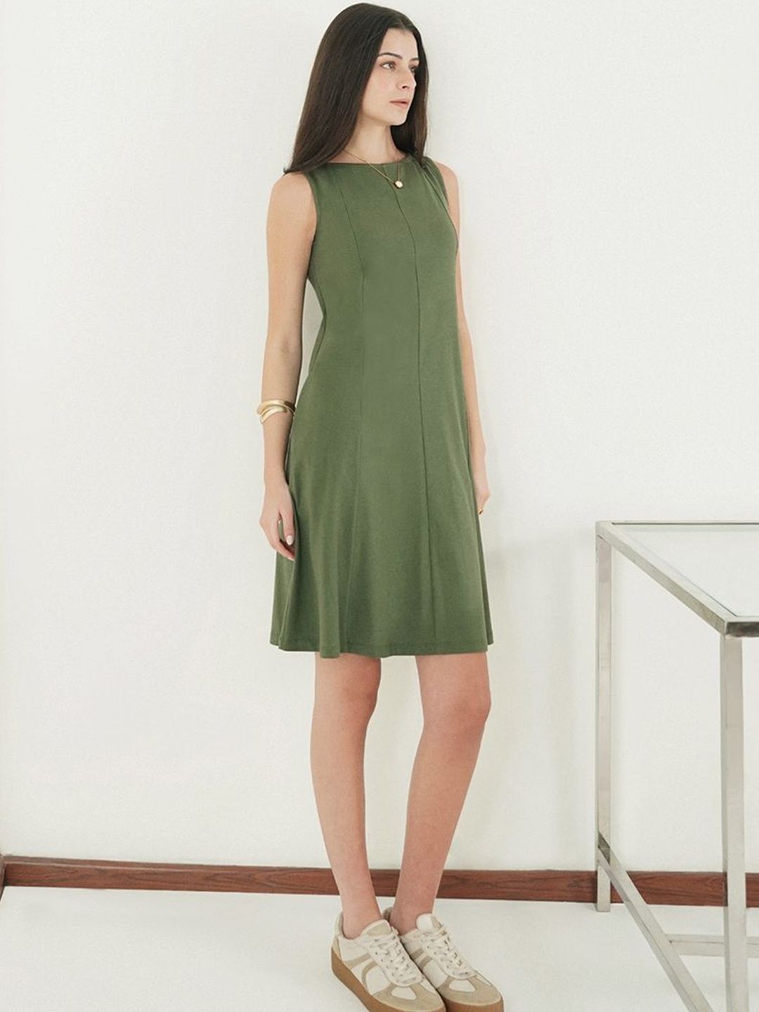 FABLE STREET Pure Cotton A-line Sleeveless Boat Neck Olive Dresses-picture-34